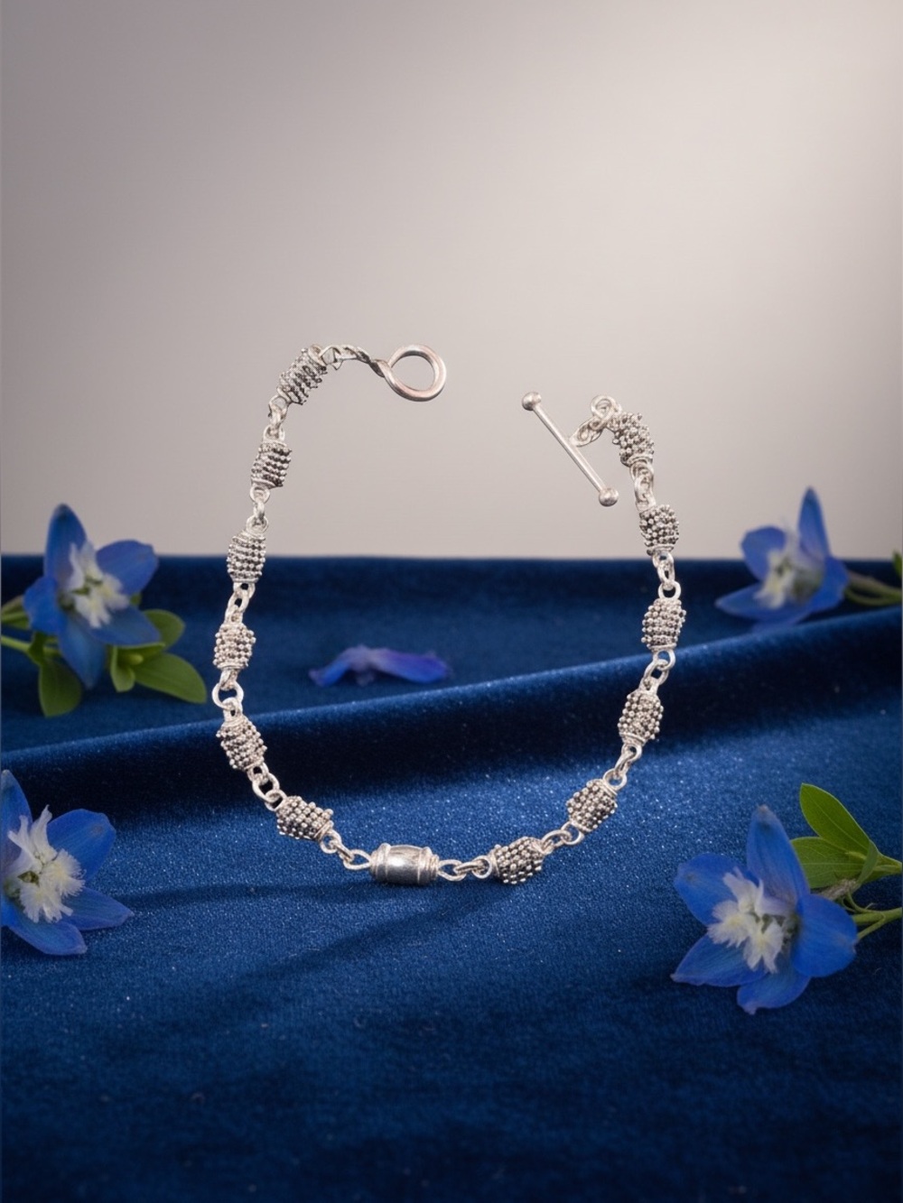 Michael Dawkins Sterling Granulation Link Barrel Bead Bracelet ~